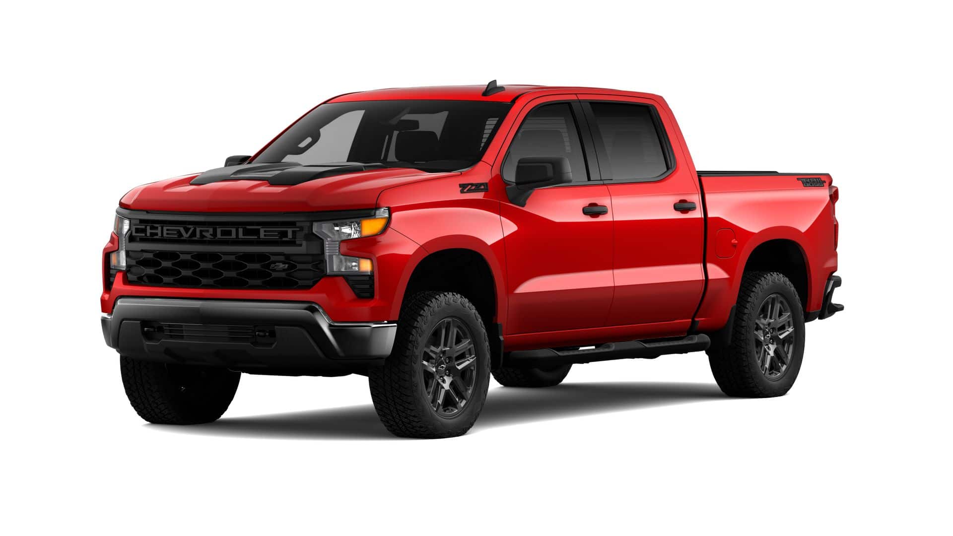 2026 Chevrolet Silverado 1500 Custom Trail Boss in Red Hot — front three-quarter view